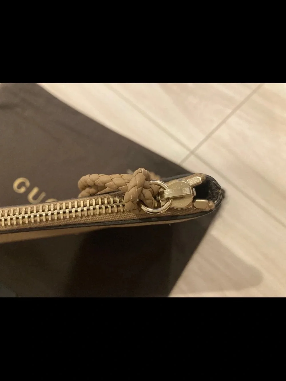 Gucci Tan Pebbled Leather Tassel Wristlet Pouch